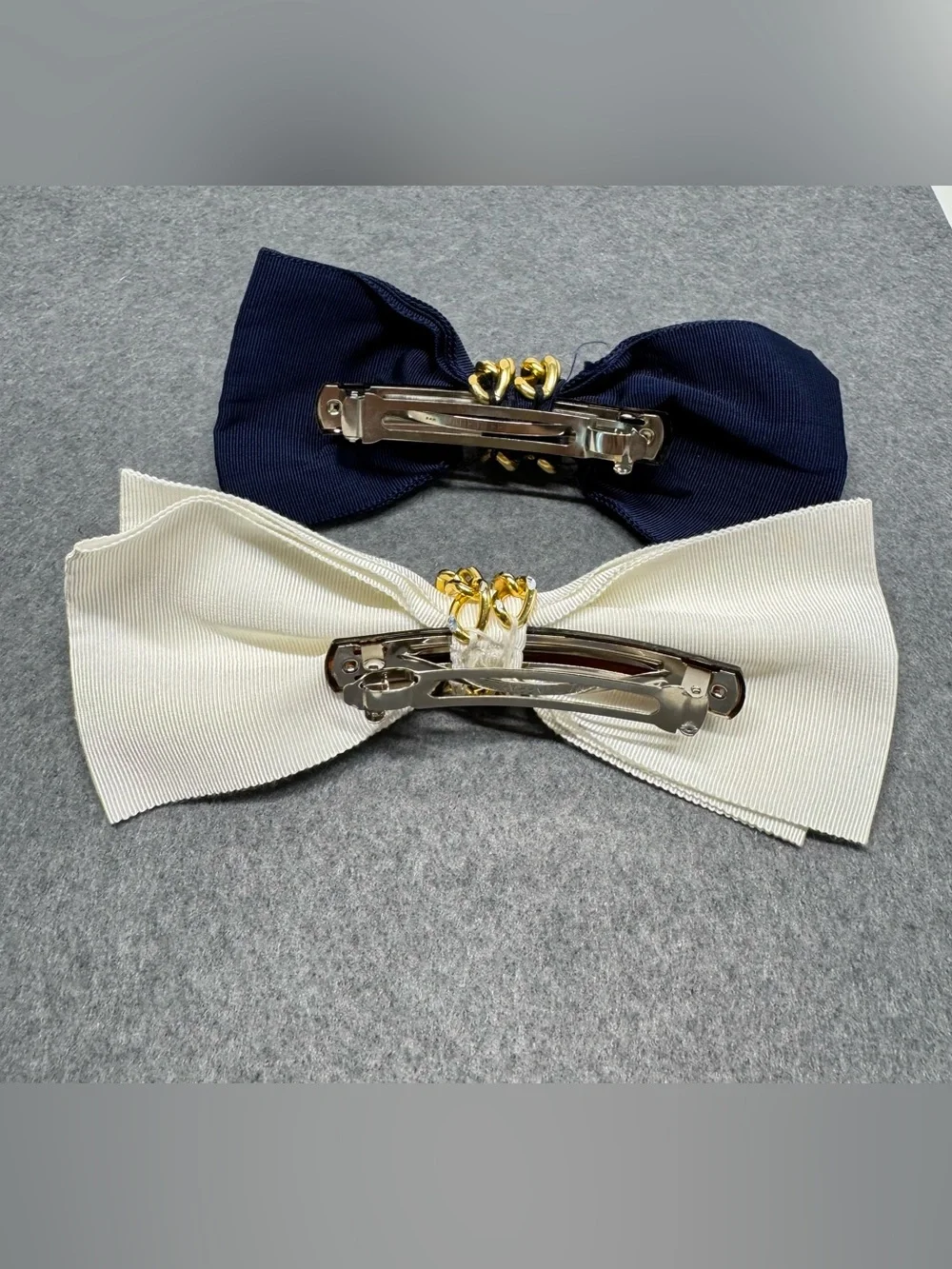 Bow Hair Clips Made In France Ivory Navy Blue Gold Tone Chain- Set Of 2